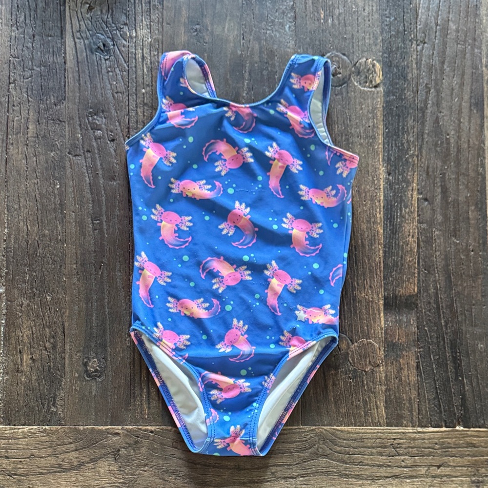 Girls Blue Axolotl-Print Gymnastics Leotard